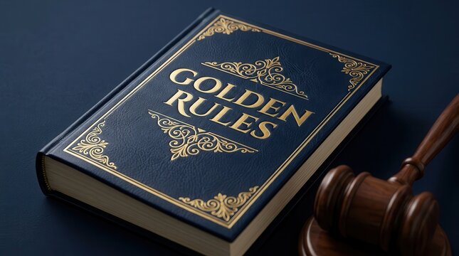 A hardcover book titled Golden Rules with a wooden gavel on a blue background.