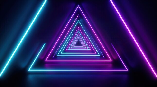 Futuristic corridor with geometric triangle shapes and colorful neon laser lines.
