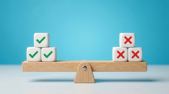Evaluating pros and cons on a wooden scale for risk planning.