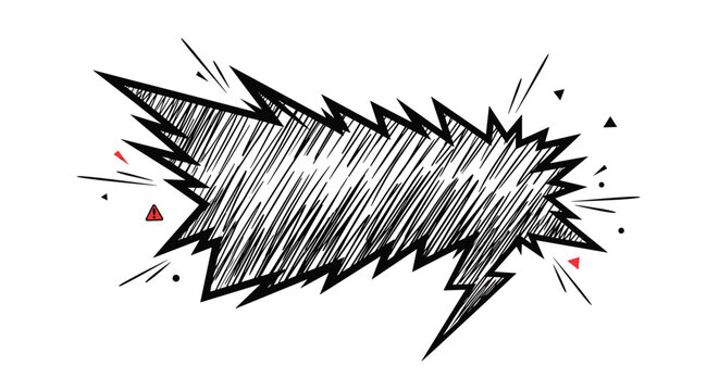 Comic book style jagged speech bubble with black hatching and red accents for dynamic expressive text placement.