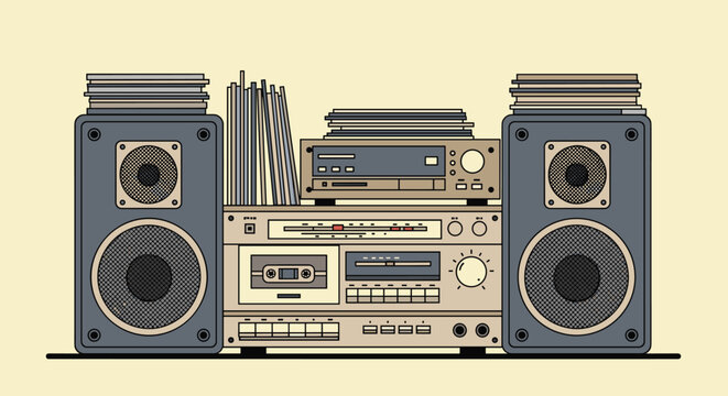 Retro hifi stereo system setup with large speakers, an amplifier, a cassette deck, and a stack of vinyl records for vintage audio nostalgia.