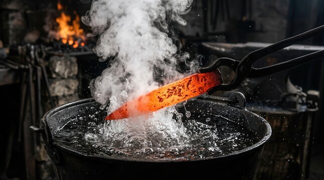 Blacksmith's tongs dunk glowing forged steel into a water bath with intense steam and bubbles.
