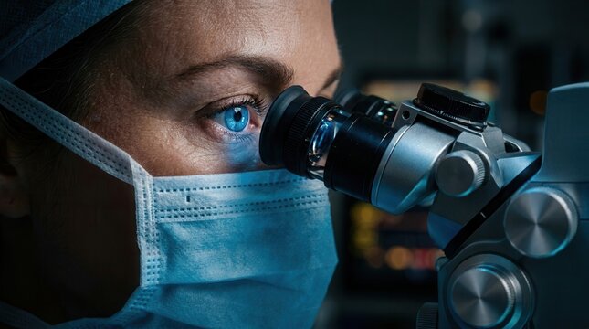 Female surgeon in protective mask and gown using a microscope during a medical procedure.