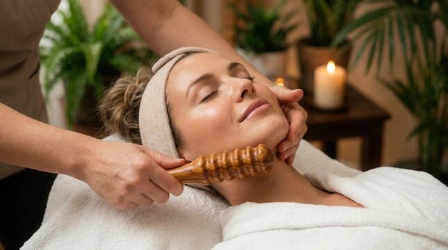 Relaxed woman receiving a facial massage with a wooden roller tool for maderotherapy in a spa salon.