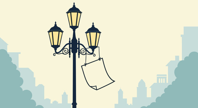 Classic black three-lamp street light post with a blank white paper sign hanging from one arm set against a soft city background at twilight.