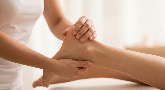 Close-up of a therapist's hands gently massaging a person's foot and ankle for relaxation and healing.