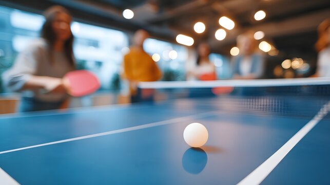 People engage in a ping pong game in a coworking space recreation area
