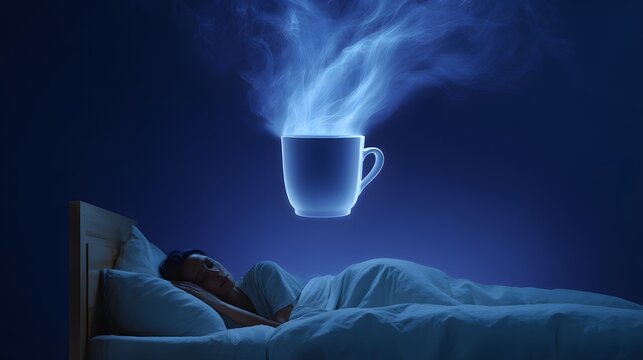 Individual in bed moves restlessly while a large coffee cup hovers overhead