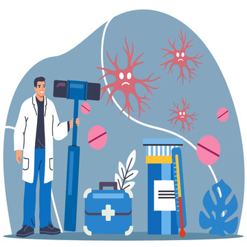 Scientist examines virus particles with microscope near medical kit and pills in laboratory