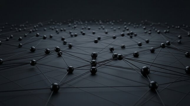 Spherical nodes connected by lines on a dark grid representing a mesh network and decentralized wireless communication.