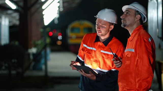 Two engineers wearing hardhat and safety uniform using digital tablet at night. Professional workers checking data with radio and rolled plans at train station. Industrial site logistics