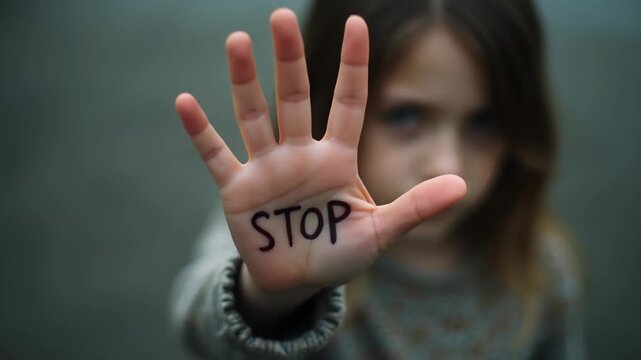 Girl holds out hand with STOP written on her palm to raise awareness for child protection and request for help 
