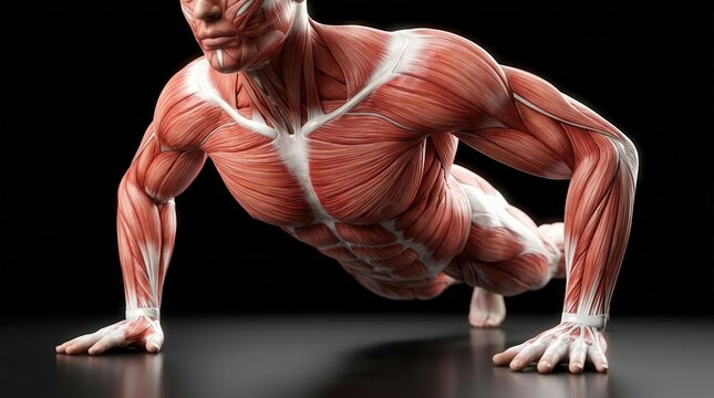 Human anatomy showing pectoralis major, triceps brachii, and deltoids during a push-up exercise.