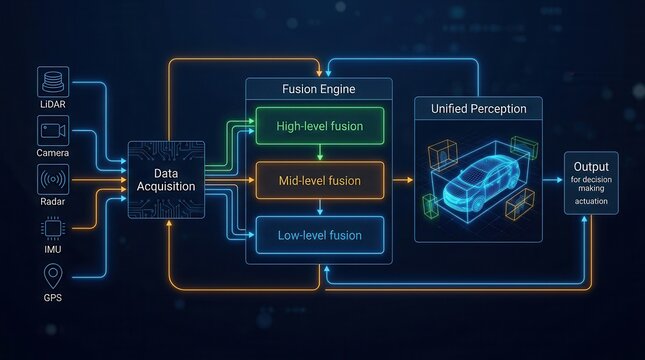 Autonomous vehicle sensor fusion system processing lidar, camera, radar, imu, and gps inputs.