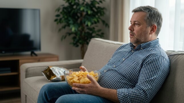 An overweight man lounging on a couch while eating potato chips and watching television.