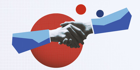 Hands are joined in a handshake, surrounded by a red circle. This collage represents concepts of teamwork and partnership. The design focuses on unity and collaboration in various fields. © Prostock-studio