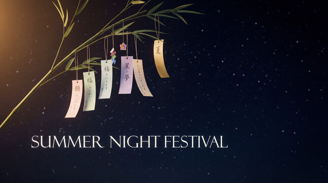 Enchanting Summer night festival blooms under a galaxy of shimmering stars, with hopeful wishes tied to a graceful bamboo branch