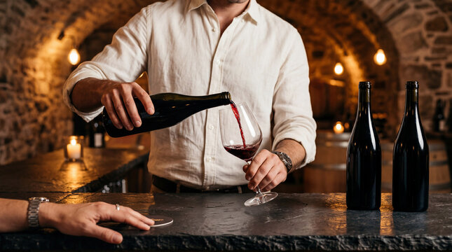 Elegant hand gently decants crimson liquid from a dark bottle into a waiting glass amidst the rustic charm of an old world wine vault at dusk