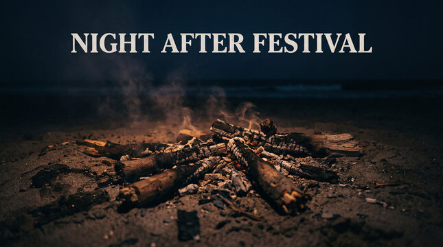 Whispers of warmth from smoldering embers softly bloom on the tranquil beach after a vibrant festival
