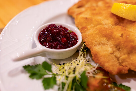 Traditional Wiener Schnitzel with Lemon and Cranberry Sauce