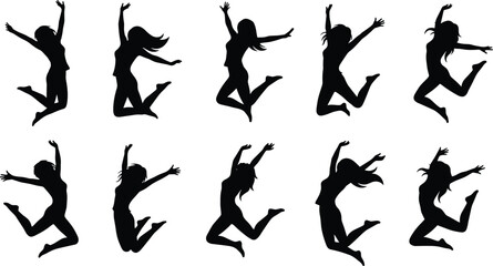 Set of black silhouettes featuring young women jumping in the air with joy and excitement isolated on white background