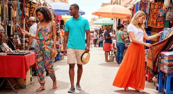 Diverse group of friends enjoying shopping for souvenirs at a vibrant outdoor market stall.