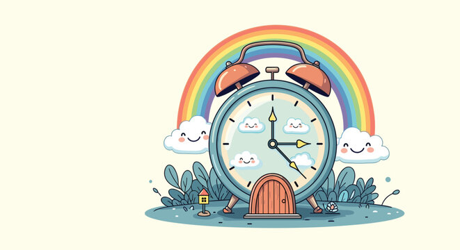 Whimsical alarm clock shaped house sits in a garden under a bright colorful rainbow with smiling clouds and green plants for a child fantasy.