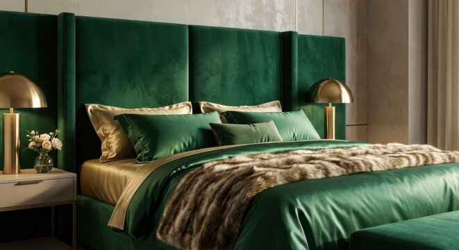 Luxurious bedroom interior with a plush emerald green velvet headboard and satin bedding.