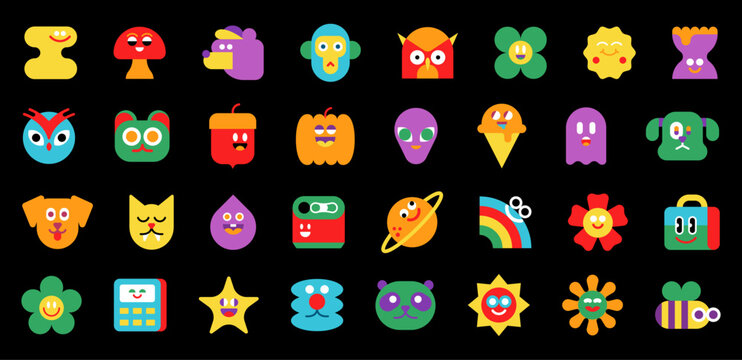 Cute cartoon mascot icon set with colorful character faces