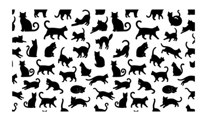 Elegant black cat seamless pattern with stylized feline silhouettes in flowing repeat on white background © labu