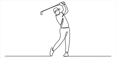 Continuous single line drawing of a golf player swinging a golf club to hit the ball during a professional game on a golf course field Vector, illustration © Vector Line Drawing