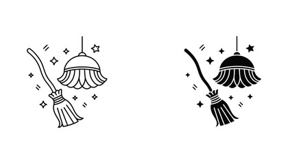 Witch broom and cauldron with sparkling magic dust vector icon set © Nebula