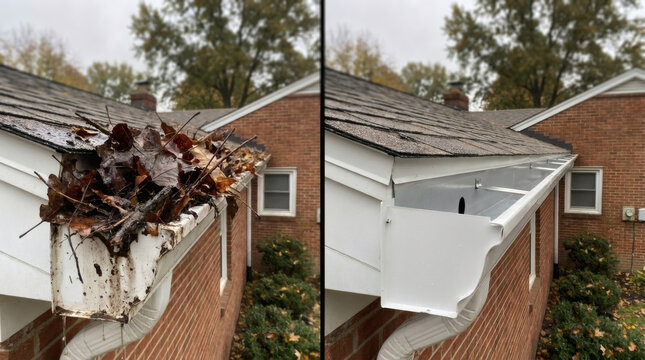 Before and after split screen of a white roof gutter: clogged and overflowing with damp autumn leaves on the left versus a completely empty, clean, and functional gutter on the right
