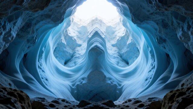 Ice cave with symmetrical blue formations
