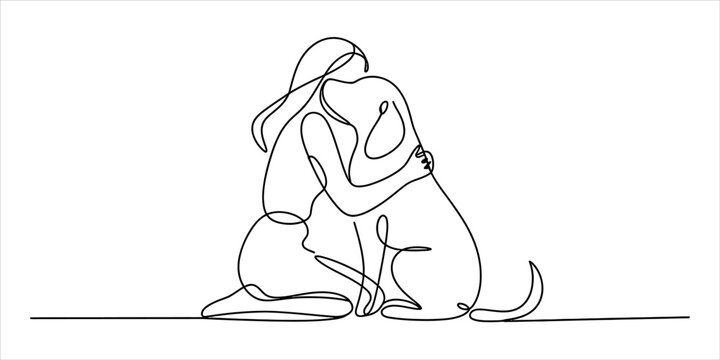 Continuous single line drawing of a happy young woman kneeling down and giving a warm hug to her loyal pet dog friend in a simple style Vector, illustration