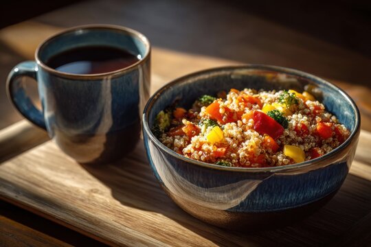 Hydrated grain and vegetable cup meal appears vibrant with expanded textures and colors emphasizing rehydration process, ingredient transformation, and ready to eat convenience