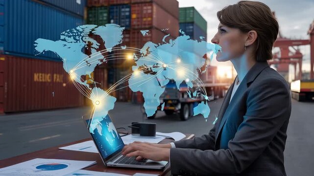 Businesswoman analyzing global logistics network on laptop with shipping containers and world map