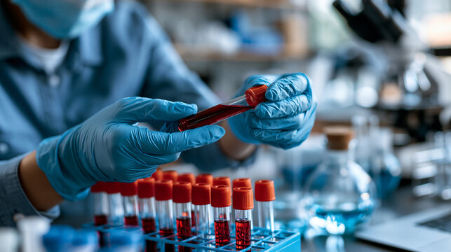 Gloved hands carefully holding blood sample test tube at clinical laboratory setting professional biological sample management with systematic handling technique contemporary