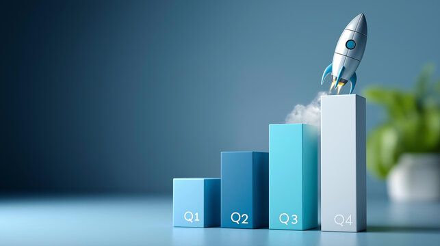 Close-up of a 3D rendering of rising blocks with Q1 to Q4 labels and a rocket launching upward, business growth concept, quarterly goal achievement visualization, startup momentum