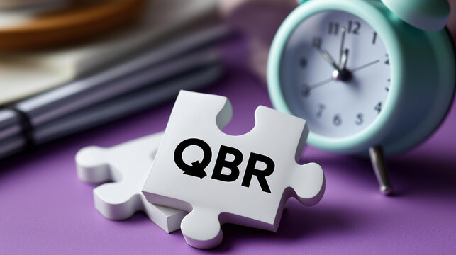 Overhead flat lay of a QBR puzzle with a missing piece labeled quarterly business review beside an alarm clock on a purple background, business completion concept, review