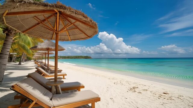 Idyllic Tropical Beach Paradise Palm Trees Beach Chairs Thatch Umbrellas Turquoise Ocean Azure