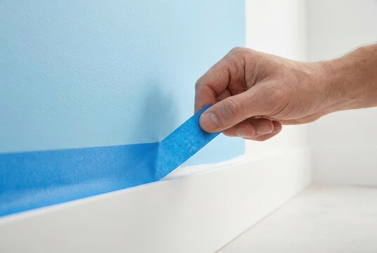 Close-up of a hand carefully peeling blue painter's tape from a freshly painted light blue wall.