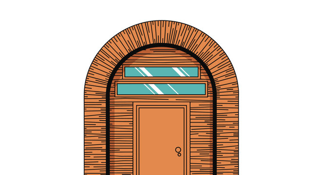 Large arched wooden door set in a textured timber wall with rectangular windows above in a detailed architectural vector illustration.