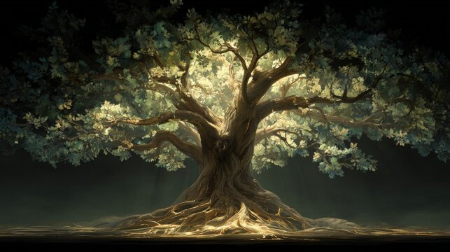 Ancient tree glows softly in twilight's hush. Roots spread wide, anchoring earth and sky. Light filters through leaves like whispered secrets. Majestic, timeless, it stands alone