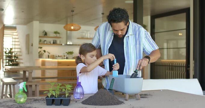 Seeing seedlings, African dad and daughter filling planter, scooping soil for planting at home