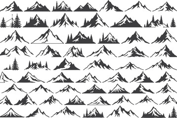 Fototapeta premium Black and white mountain silhouettes pattern with trees on white background