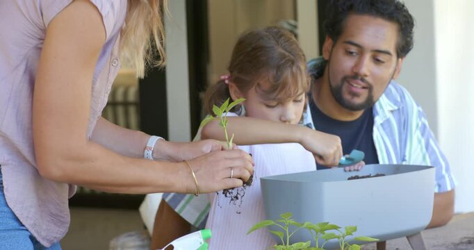 Child girl planting seedlings on porch table, using small blue trowel after parents' encouragement