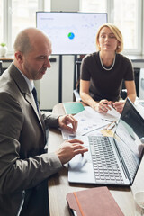 Vertical shot of adult businessman reviewing financial reports on laptop while businesswoman...