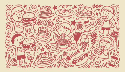 Playful hand drawn doodle of children eating burgers pizza and noodles with various dessert and snack icons