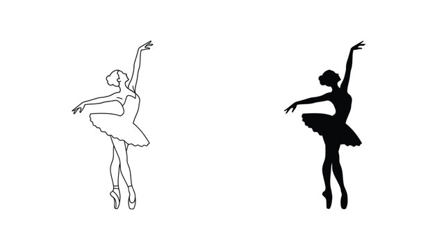 Ballerina dancer silhouette icon set in graceful pose with tutu in outline and solid black for ballet performance and dance studio branding